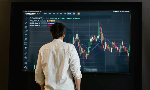 Photo by Tima Miroshnichenko Back view of a trader analyzing cryptocurrency data on a monitor indoors.